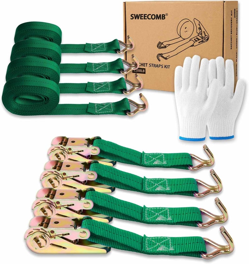Sweecomb Ratchet Straps (4-Pack), 1 Inch x 16.4 Feet (2200lb Break Strength) with Sturdy Metal Hooks, 1x Work Gloves, Heavy Duty Tie Down Straps for Truck, Cargo Trailer, Motorcycle, Luggage, Moving (Green) - Image 1